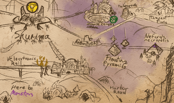 Dar'Khos is the large city to the south of Shurima, bordering the Velocitronic Rail.